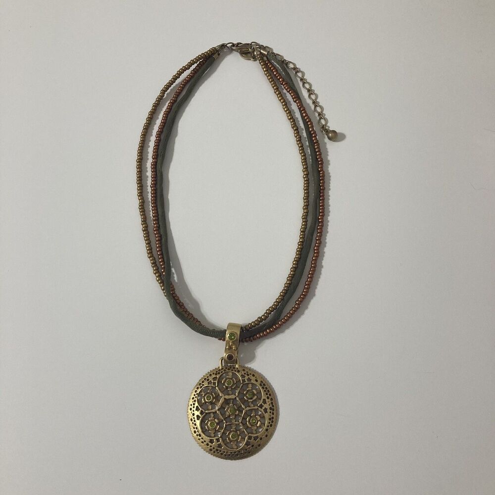 Premier Designs Gold Tone Green Seed Beaded Pendant Medallion Necklace Bohemian